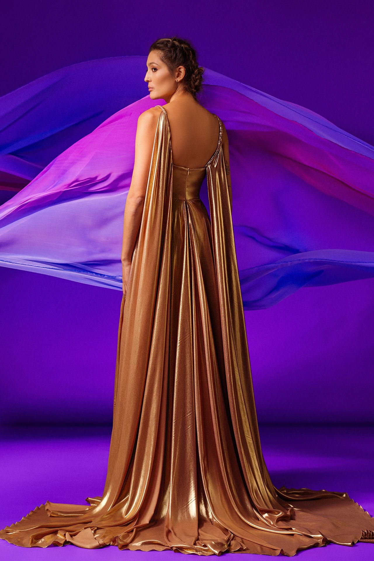 Hand Embroidered Textured Polyester Draped Gown in Light Purple : TFR408